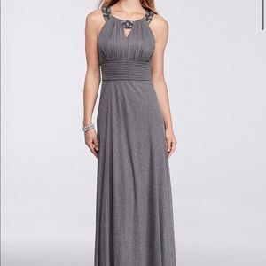 David’s bridal silver grey high neck beaded gown prom dress maxi a line sparkly